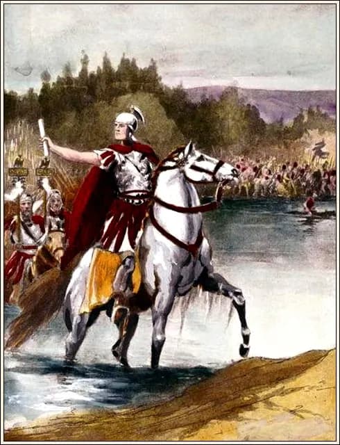 Historical illustration of Julius Caesar crossing the Rubicon with his soldiers