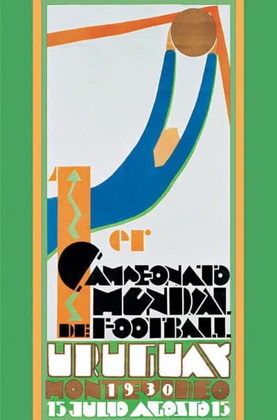 Art Deco poster for the 1930 World Cup in Uruguay showing a goalkeeper reaching for the ball
