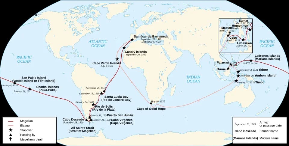 Map tracing the route of the Magellan-Elcano circumnavigation around the world