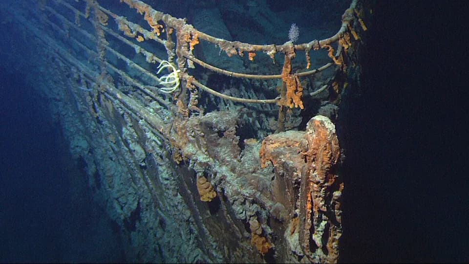 Deep-sea photograph of the rusting bow of the Titanic wreck on the ocean floor