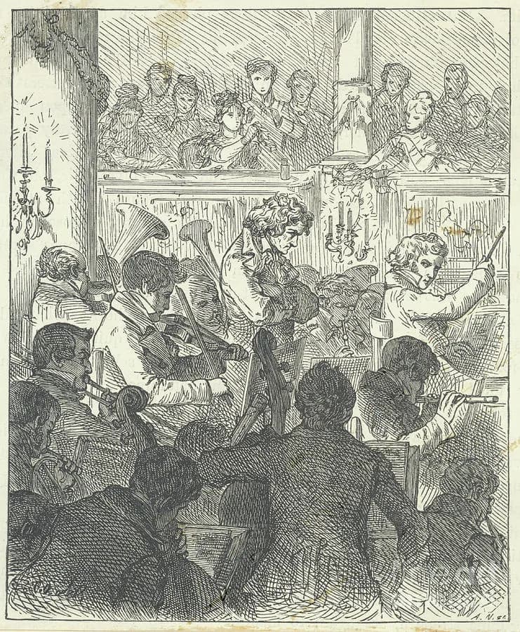 Illustration of the crowded premiere of Beethoven’s Ninth Symphony