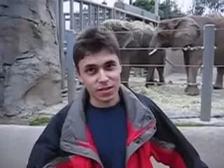 Jawed Karim standing in front of elephants in the first YouTube video, Me at the zoo